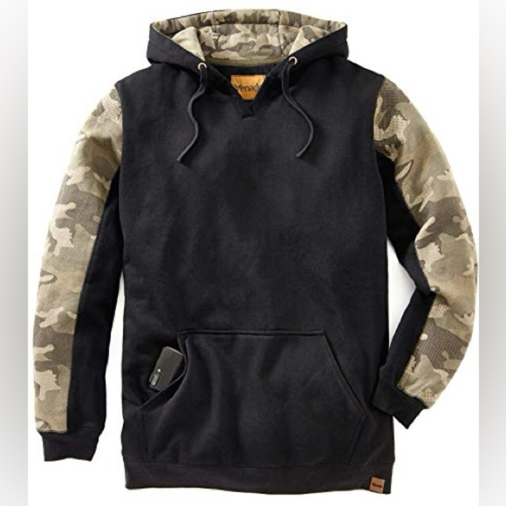 Venado Men's Black Hoodie with Camo Sleeves - Pullover Hooded Sweatshirt